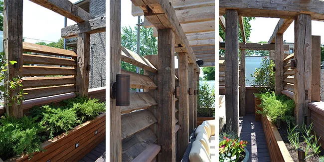 Reclaimed timber pergola with louvered slats and outdoor seating